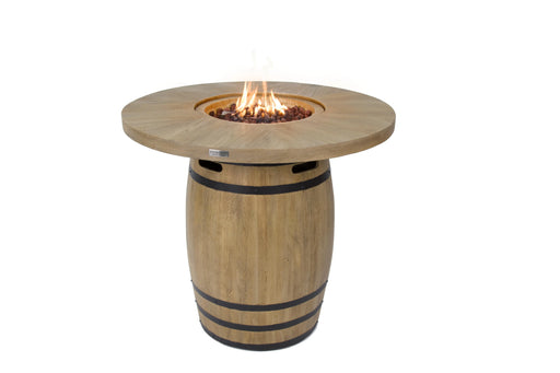 48 inch high top table with fire pit lit on fire rocks on a white background