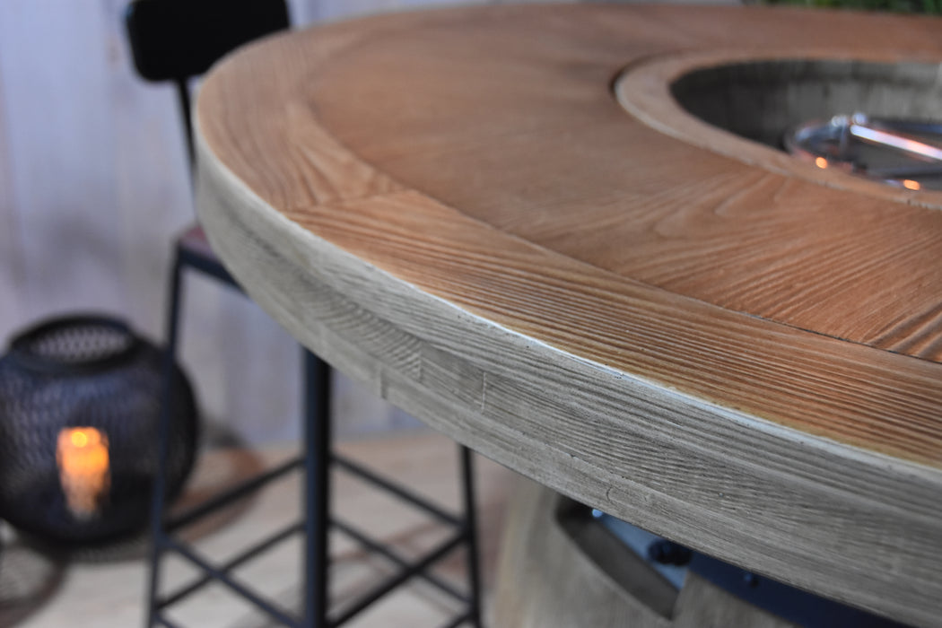 high top patio table with fire pit close up of round barrel material