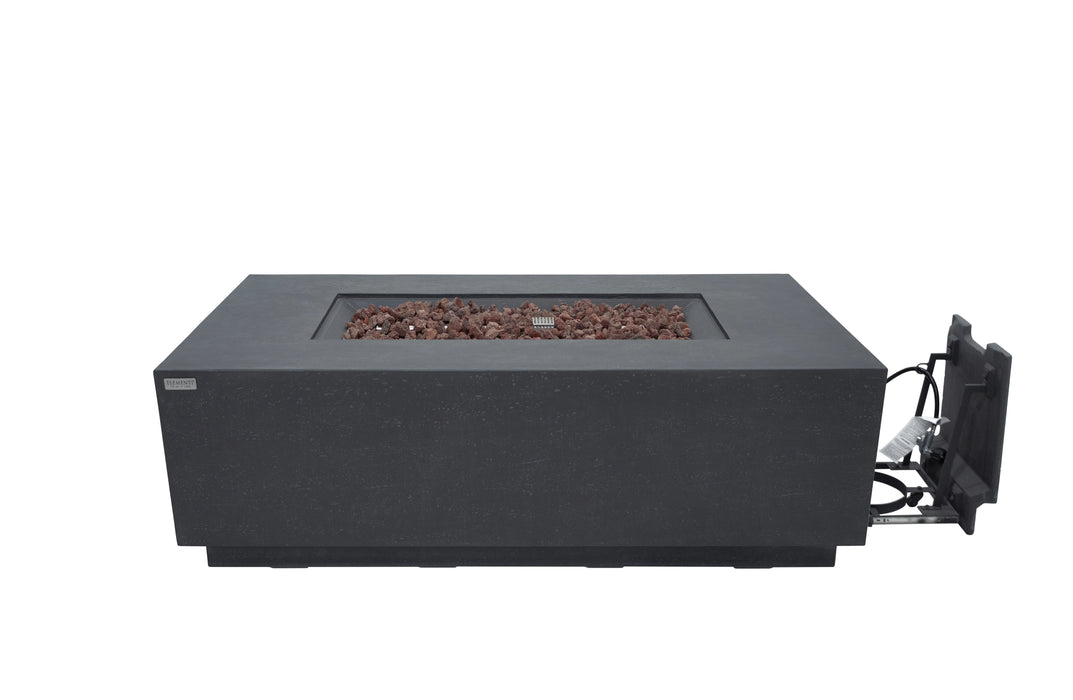 dark grey fire table with brown lava rocks in the middle with refill tank open on right hand side of fire table