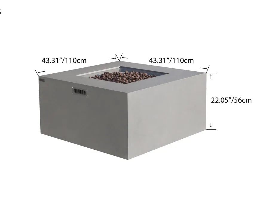 Gray fire pit table with dimensions labeled on a white background