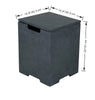 Dimensional drawing of an Elementi propane tank cover, showing a dark gray square with a removable lid and measurements in inches and centimeters.