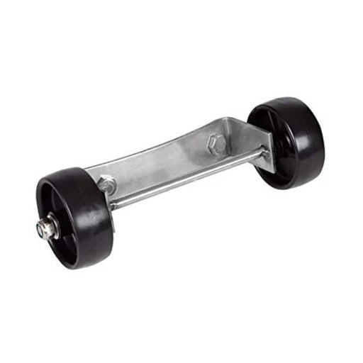 A set of two black wheels with metal brackets and bolts, designed to attach to the bottom of a patio heater for easy mobility.