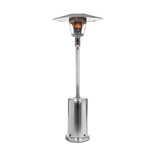 A tall, silver propane patio heater with a glass shade and a visible flame.