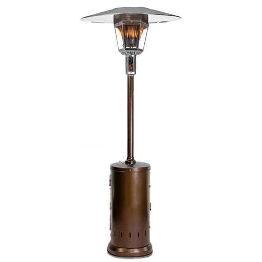 Bronze stainless steel patio heater with a reflective heat shield and a propane tank base.