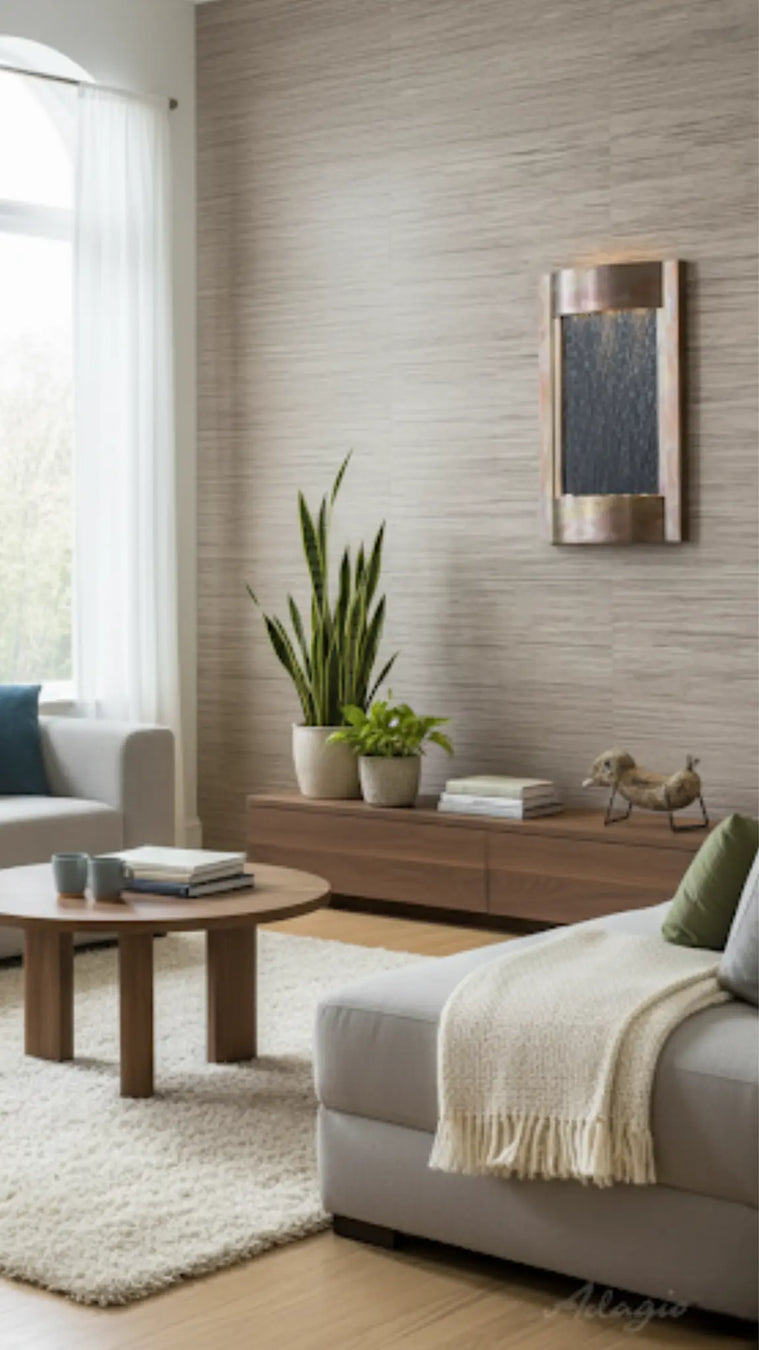 Modern living room with neutral tones, plants, and a painting with an indoor wall fountain on the wall