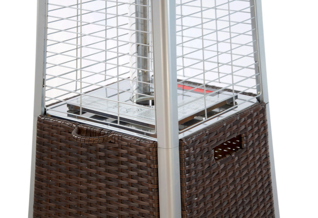 Close-up of the base of a silver pyramid-shaped propane patio heater with a woven wicker design, featuring a mesh screen and a visible propane tank compartment.