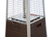 Close-up of the base of a silver pyramid-shaped propane patio heater with a woven wicker design, featuring a mesh screen and a visible propane tank compartment.