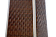 Close-up of the brown woven wicker base of a silver pyramid-shaped propane patio heater, showcasing the intricate weave pattern.