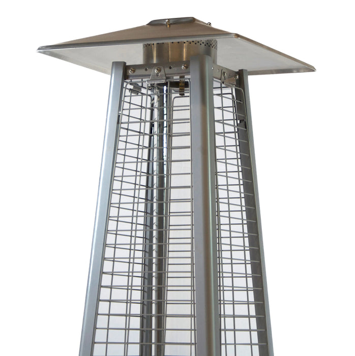 Detail shot highlighting the sturdy construction and protective mesh screen of a patio heater