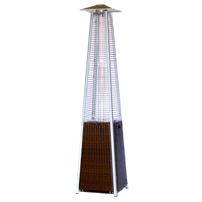 A silver metal propane patio heater with a woven base. It features a pyramid-shaped frame with a protective mesh screen.