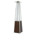 A silver metal propane patio heater with a woven base. It features a pyramid-shaped frame with a protective mesh screen.