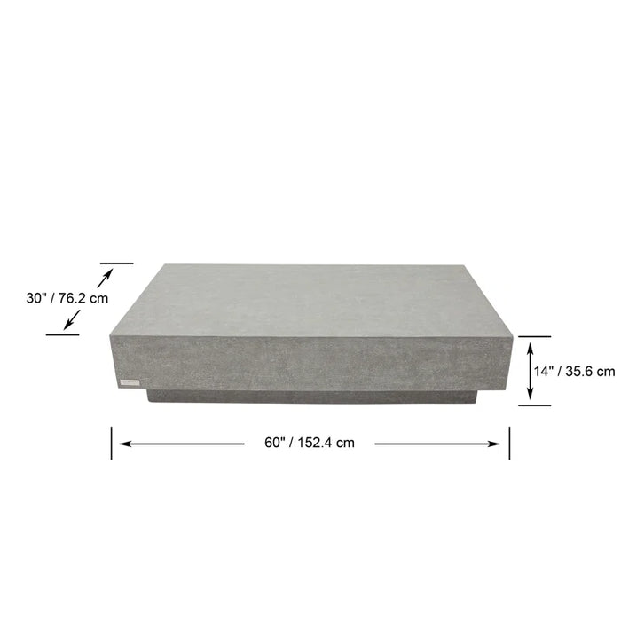 A diagram showing the dimensions of the Elementi Home Tevere Rectangle Space Grey Outdoor Coffee Table. The length is 60 inches (152.4 cm), the width is 30 inches (76.2 cm), and the height is 14 inches (35.6 cm).