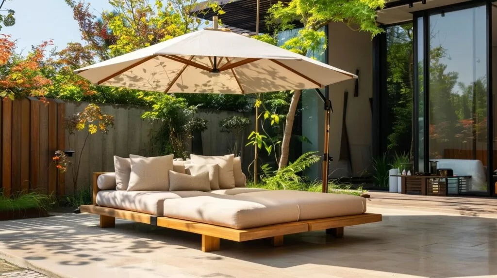 Luxurious wooden daybed with plush cushions rests on a sunny patio. A large sun umbrella provides shade, creating a relaxing outdoor retreat for a luxurious home.