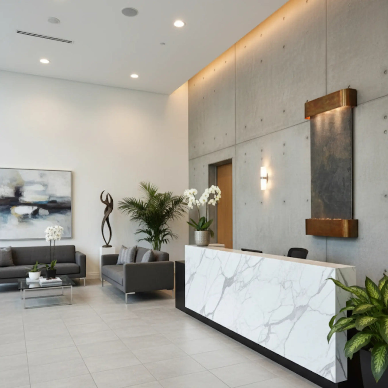vertical indoor wall fountain by adagio water features in office lobby