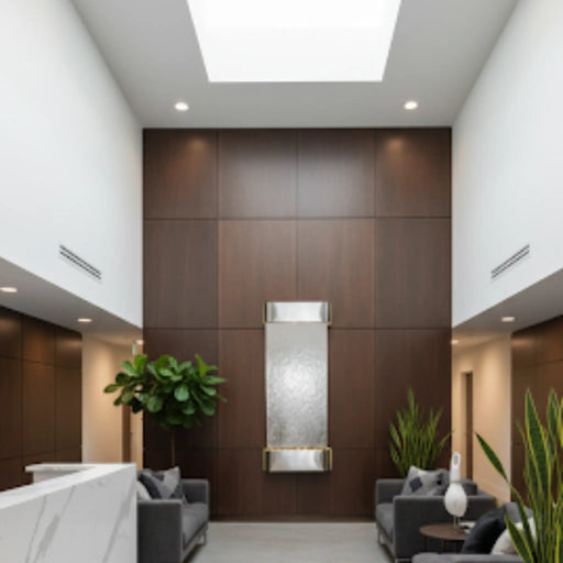 Modern interior with an adagio water feature, gray sofas, and plants.
