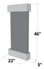 An angled, 3D technical drawing of a rectangular, wall-mounted water feature or display unit. It consists of a flat, gray vertical panel held between a thicker, light gray top header and a matching bottom basin. Dimensions are indicated with "48" on the right vertical side, "22"" along the front base, and "5"" on the side base, against a transparent checkered background.