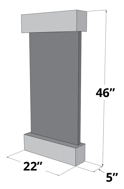 An angled, 3D technical drawing of a rectangular, wall-mounted water feature or display unit. It consists of a flat, gray vertical panel held between a thicker, light gray top header and a matching bottom basin. Dimensions are indicated with "48" on the right vertical side, "22"" along the front base, and "5"" on the side base, against a transparent checkered background.
