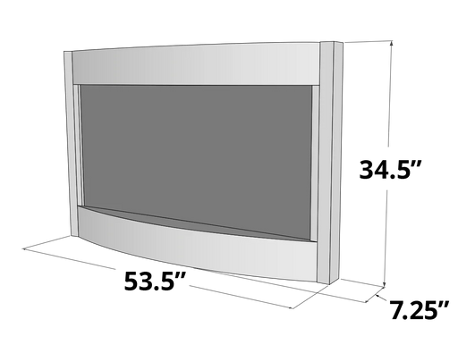Technical drawing of a horizontally oriented, curved wall fountain with visible dimensions of 43" x 34" x 7"