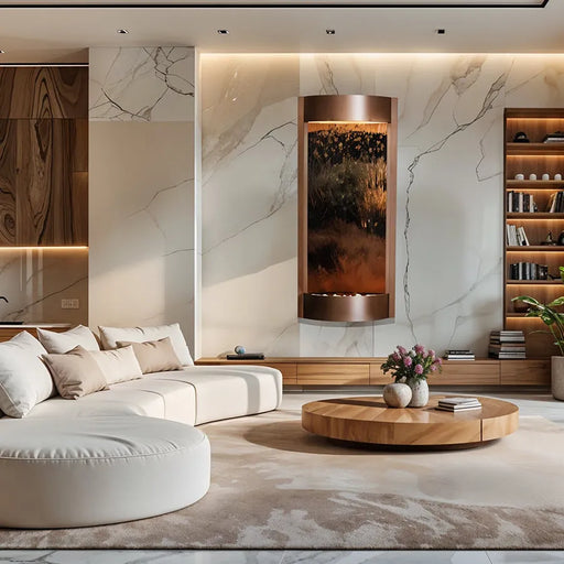 Modern living room with marble walls, a white sofa, and a wooden coffee table with adagio indoor wall fountain hung on a wall