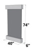 
A 3D technical drawing of a rectangular wall-mounted water fountain, presented against a transparent background. The fountain has a flat, grey central panel, framed by a thick, light grey horizontal block at the top and a matching, slightly larger block at the bottom that also forms a base.