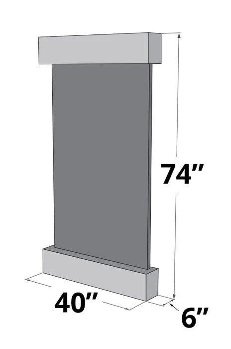 
A 3D technical drawing of a rectangular wall-mounted water fountain, presented against a transparent background. The fountain has a flat, grey central panel, framed by a thick, light grey horizontal block at the top and a matching, slightly larger block at the bottom that also forms a base.