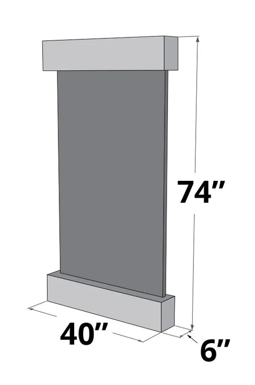 
A 3D technical drawing of a rectangular wall-mounted water fountain, presented against a transparent background. The fountain has a flat, grey central panel, framed by a thick, light grey horizontal block at the top and a matching, slightly larger block at the bottom that also forms a base.