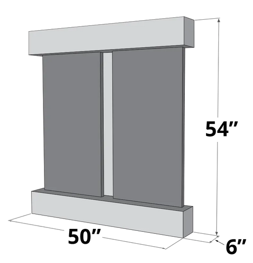 A line drawing of the Adagio Aspen Falls Wall Water Fountain. It shows a rectangular structure with two vertical panels, likely representing the slate, separated by a central vertical element. 