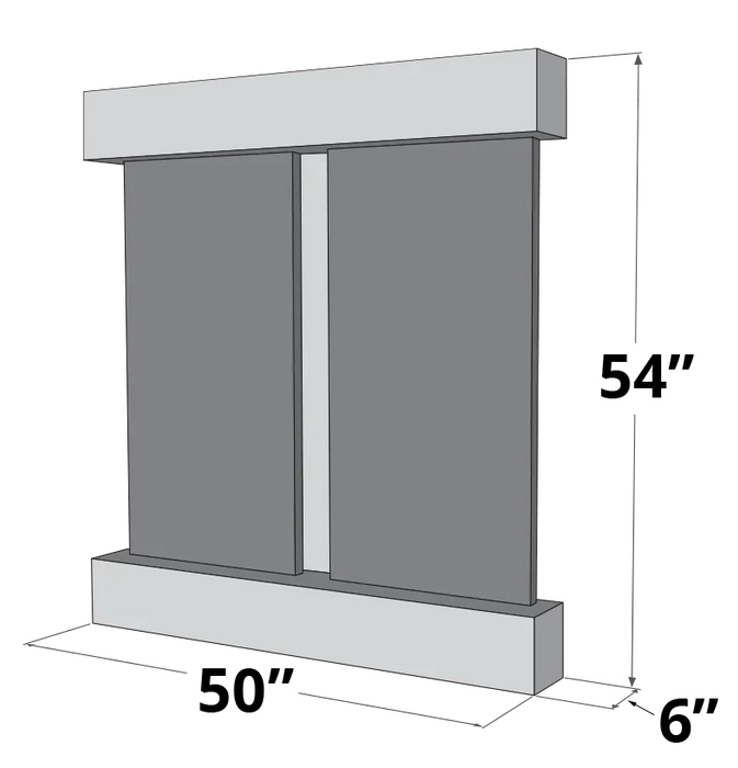 A line drawing of the Adagio Aspen Falls Wall Water Fountain. It shows a rectangular structure with two vertical panels, likely representing the slate, separated by a central vertical element. 