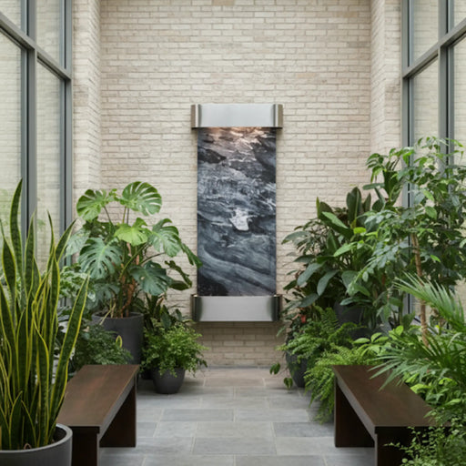 Indoor setting with potted plants and a indoor water fountain by adagio water features in a modern interior.