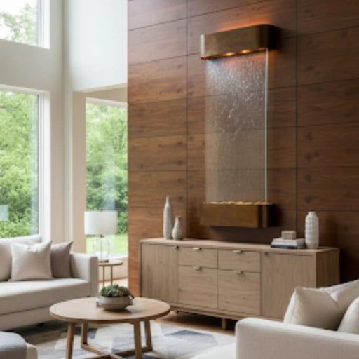 Modern living room with wall mounted water feature hung on a wooden wall next to a sofa, and coffee table