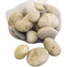 A white mesh bag filled with smooth, polished white pebbles. Several loose white pebbles are scattered below the bag on a white background.