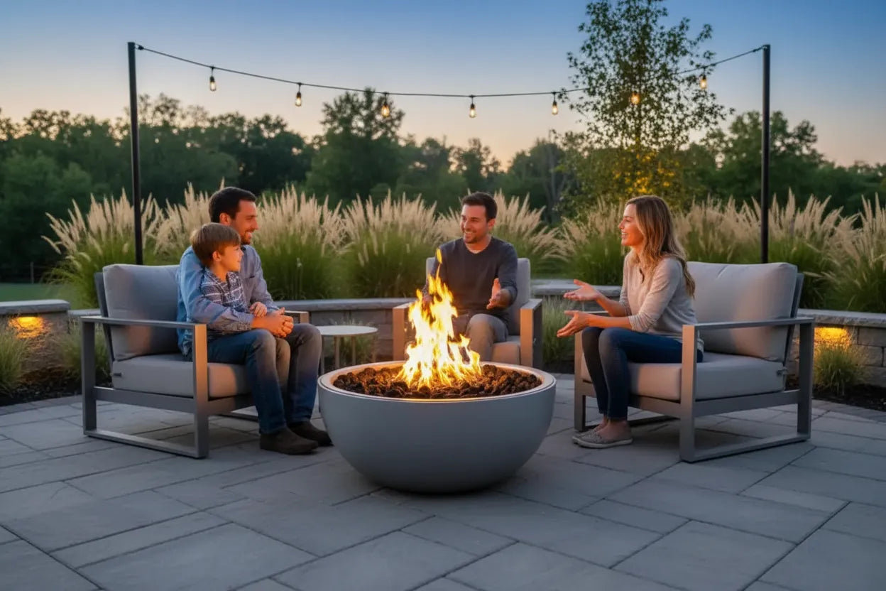 30-inch aluminum fire bowl with concrete gray powder-coated finish and black fire glass on luxury outdoor patio at golden hour with contemporary furniture