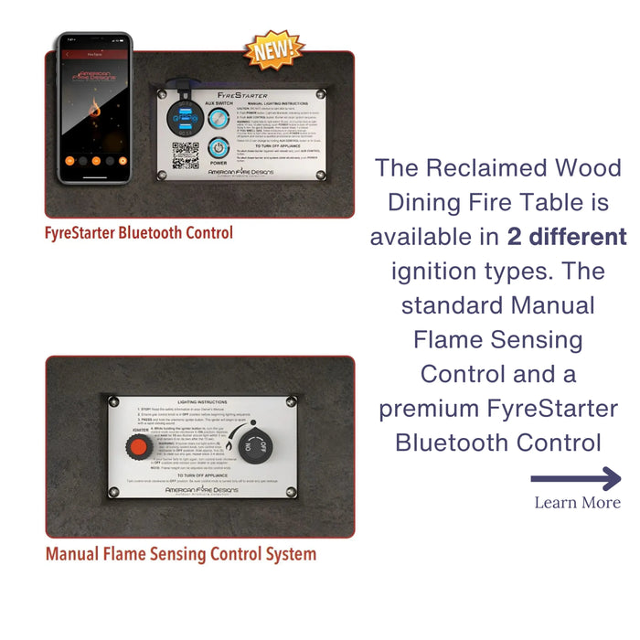 Choose your ignition system! The left image shows the FyreStarter Bluetooth Control System, allowing you to ignite and control the fire pit table from your smartphone. The right image shows the Manual Flame Sensing Control System with easy-to-use buttons.