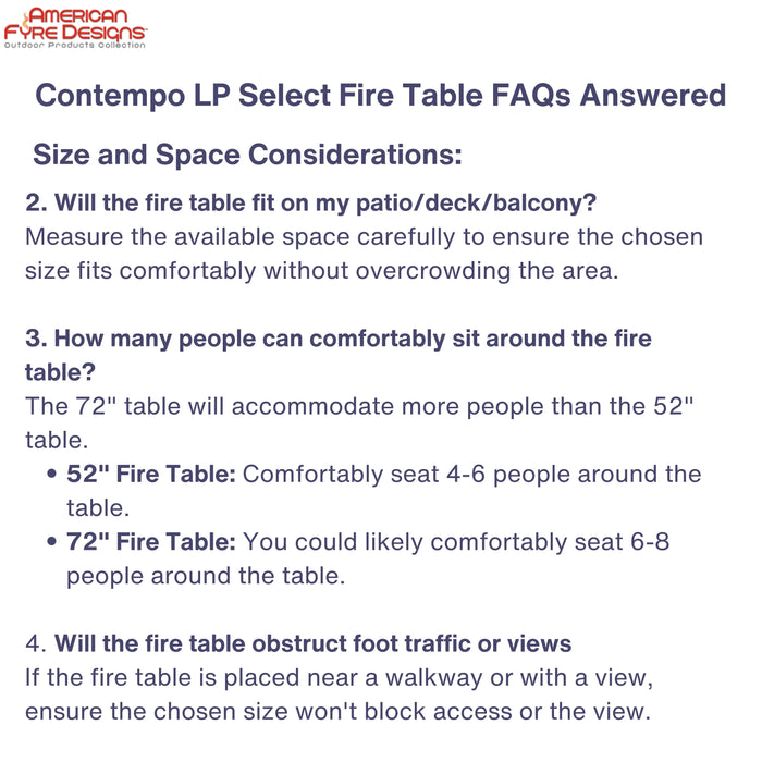 This image provides answers to common questions about fire table size and placement. It includes information on seating capacity for different table sizes and how to ensure the table fits comfortably in your outdoor space.