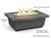 American Fyre Designs Contempo 52 inch LP Select chat height fire table dimension blueprint showing 52 inch width 36 inch depth 18.5 inch height and 350 lbs net weight