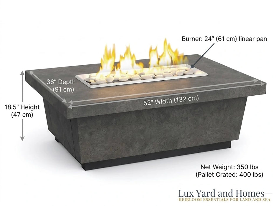 American Fyre Designs Contempo 52 inch LP Select chat height fire table dimension blueprint showing 52 inch width 36 inch depth 18.5 inch height and 350 lbs net weight