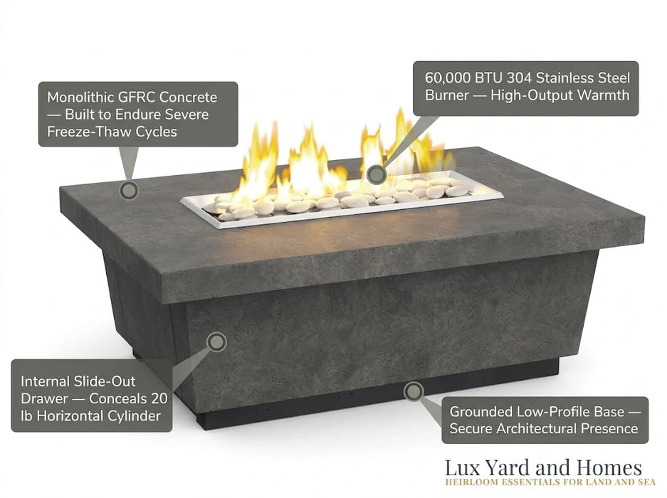American Fyre Designs Contempo 52 inch LP Select fire table technical diagram highlighting 60000 BTU stainless steel burner internal tank drawer and GFRC concrete