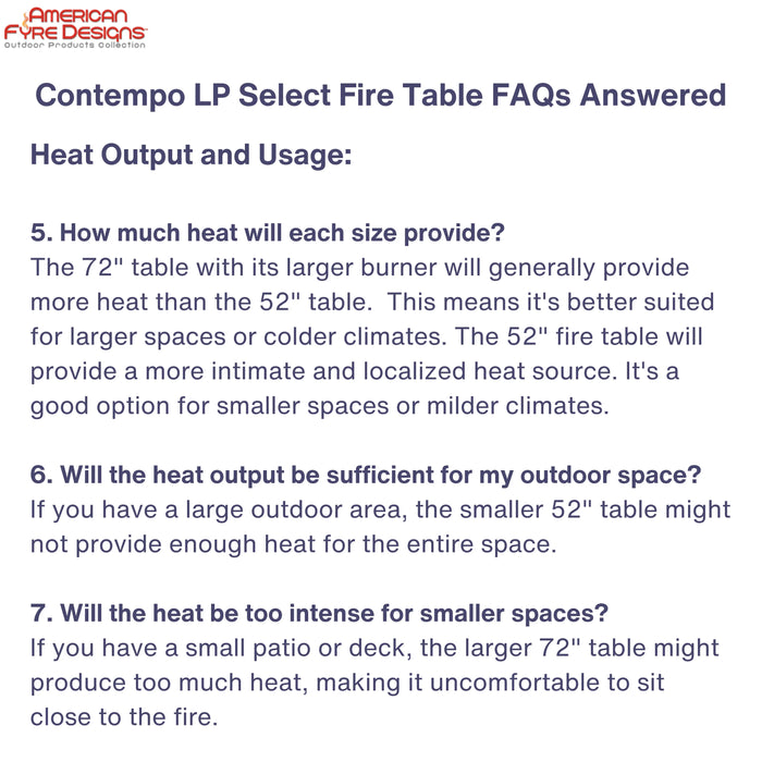 Get helpful tips for choosing the right fire table based on your heating needs. This image answers questions about heat output and how to ensure the fire table will provide the right amount of warmth for your outdoor space.