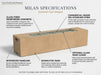 Feature specifications and materials diagram of the 72 inch American Fyre Designs Milan fire table in Sedona finish, showcasing its glass fiber reinforced concrete, 65,000 BTU 304 stainless steel burner, and integrated handles, with Lux Yard and Homes branding.