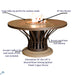 Image showcasing the Fiesta Round Dining Fire Table by American Fyre Designs with labels pointing out features like the burner size, dimensions, and fuel type.