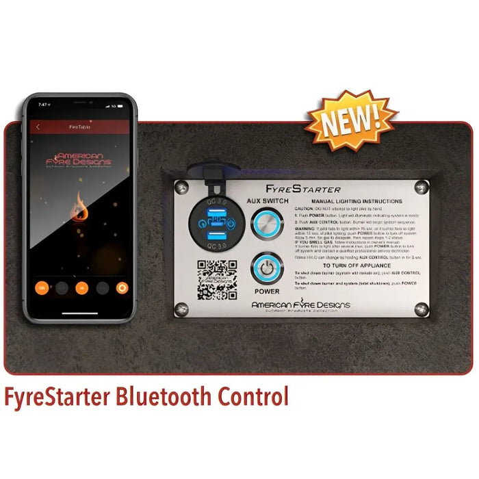 The FyreStarter Bluetooth Control System for the fire pit table. The image shows a smartphone screen with the FyreStarter app and the control panel with buttons for power, AUX switch, and a QR code for easy setup.