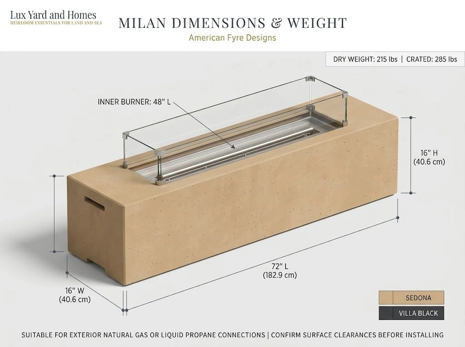 Architectural dimension blueprint for the 72 inch American Fyre Designs Milan fire table in Sedona finish, illustrating 72 by 16 by 16 inch exterior measurements, 48 inch linear burner pan, and 215 pound dry weight with Lux Yard and Homes branding.