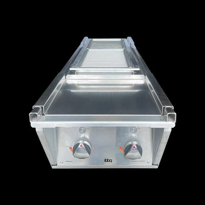 Stainless steel grill with two control knobs on a black background