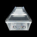 Stainless steel grill with two control knobs on a black background