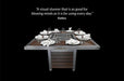 kbbq grill table table with plates and glasses, featuring the Quadra brand name, on a black background with a Forbes quote.