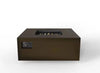 A brown square gas fire pit table with a control panel on one side. The burner is not visible in this image. warming trends fire table. 103816BRZ