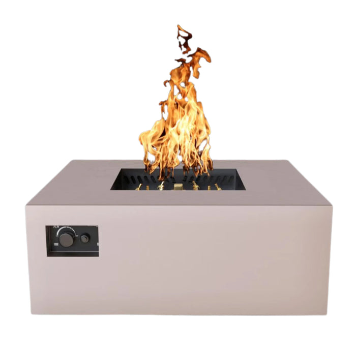 A beige square gas fire pit table with a flame burning inside. The table has a control panel on one side. warming trends fire table. 103816SND