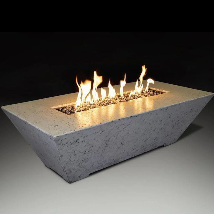 bone rectangular fire pit table with fire pit burning on fire glass