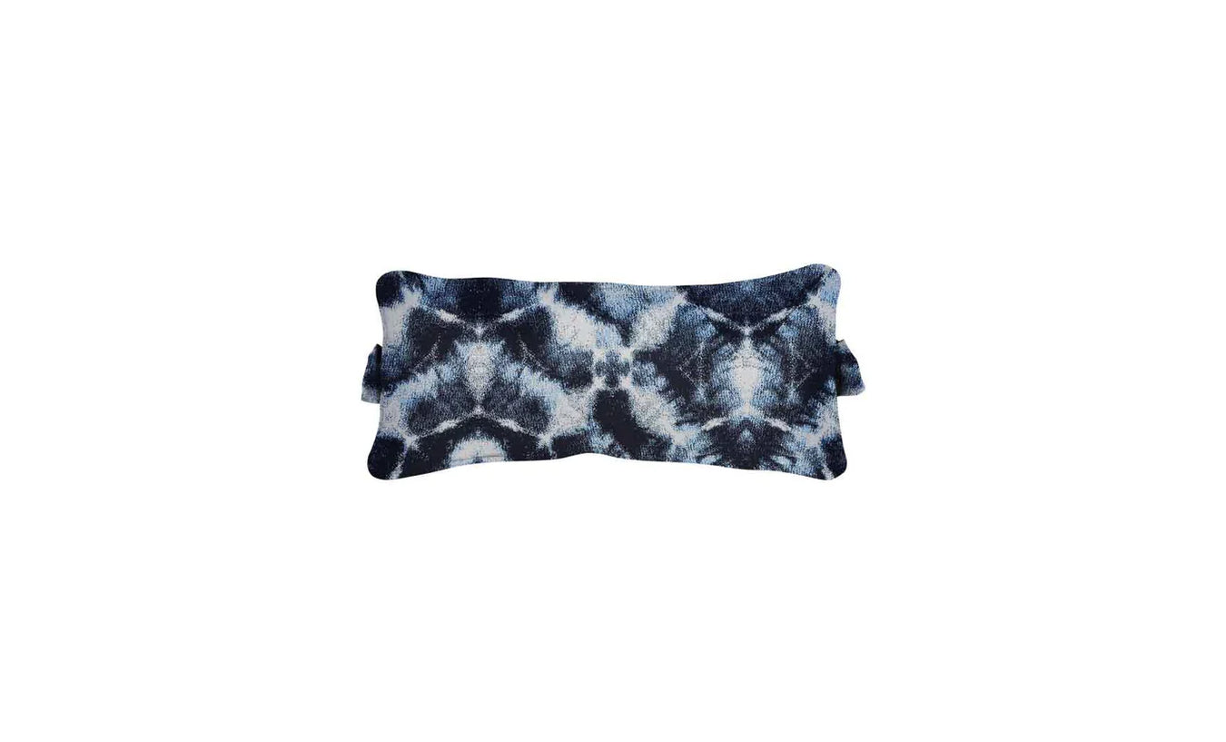 Rectangular outdoor headrest pillow for swimming pool chair with a blue and white abstract tie-dye pattern.