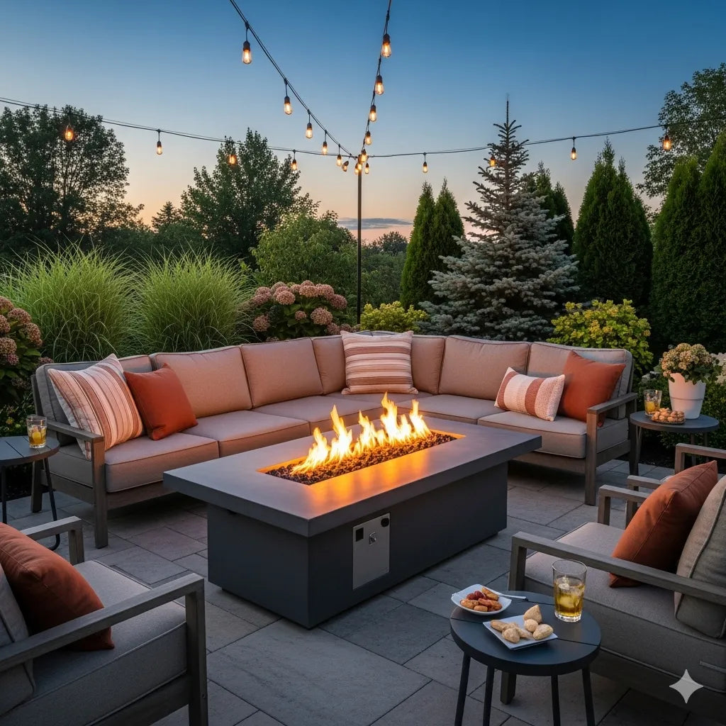 Outdoor patio with fire pit table, seating area, and string lights during evening.